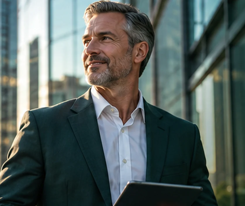 Business executive outside a modern commercial building